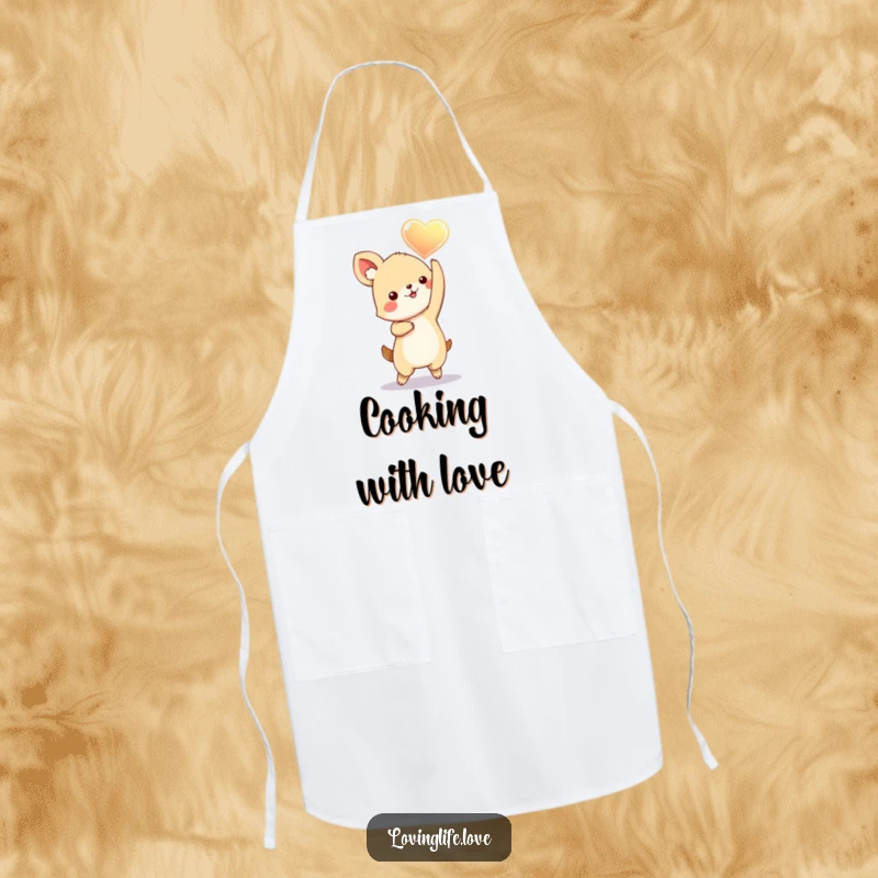 Funny Apron with a playful small animal dancing with a glowing heart held aloft, adding a humorous and affectionate touch to cooking.