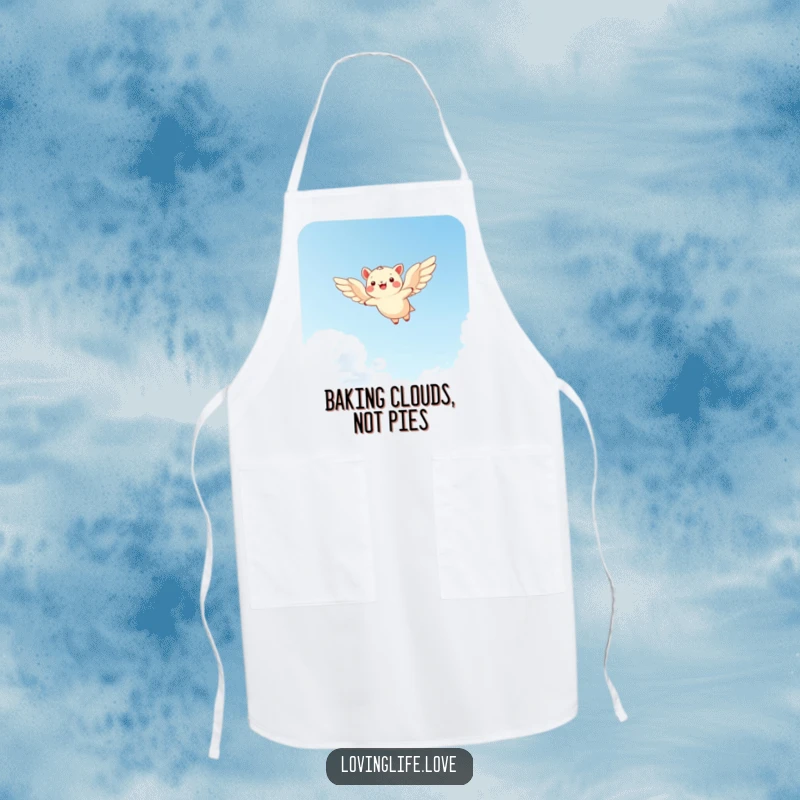 Funny apron with a cheerful small animal soaring through a bright sky with wide wings, perfect for a jovial cook.
