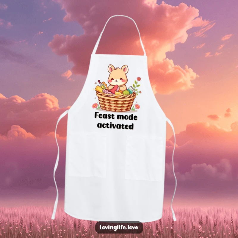 Funny Apron with a content small animal sharing a picnic basket filled with colorful treats, adding a humorous and charming touch to cooking.