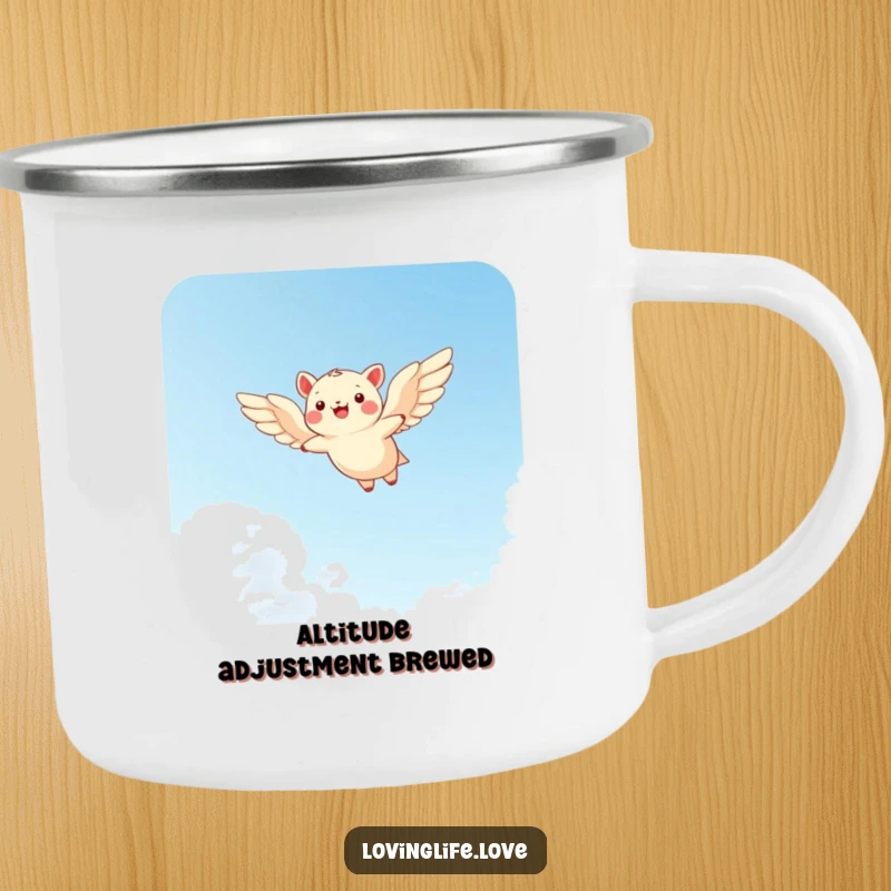 Funny camping mug with a cheerful small animal soaring through a bright sky with wide wings, ready for outdoor adventures.