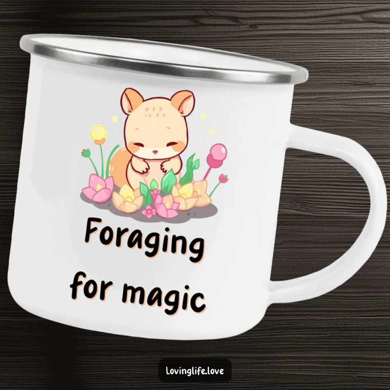 Funny Camping Mug featuring a curious small animal tending a garden of bubbling, iridescent plants, perfect for outdoor discovery and whimsical enjoyment.