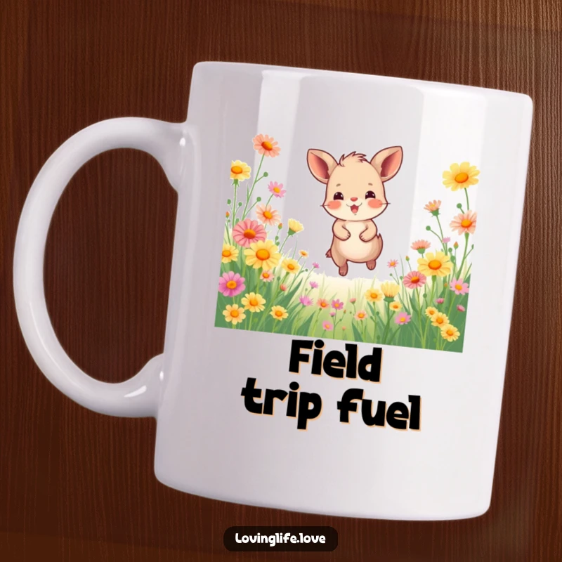 Funny Mug depicting a happy small animal joyfully bounding through a field of vibrant wildflowers, radiating pure bliss and energy.