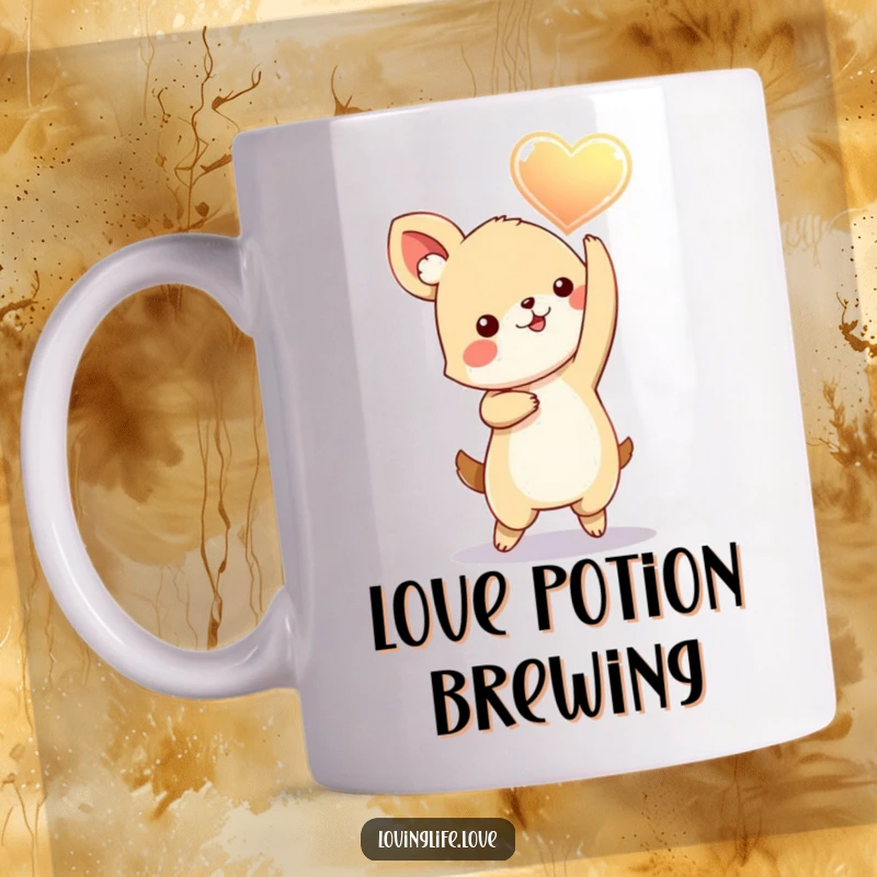 Funny Mug depicting a playful small animal dancing joyfully with a glowing heart held aloft, radiating love and happiness.