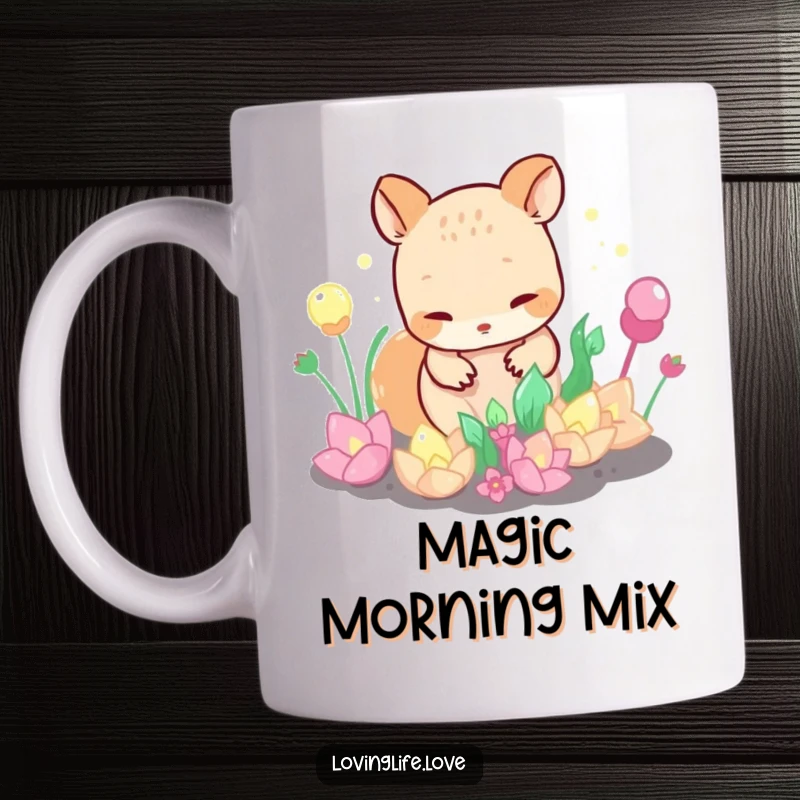 Funny Mug depicting a curious small animal tending a garden of bubbling, iridescent plants, highlighting wonder and unusual growth.
