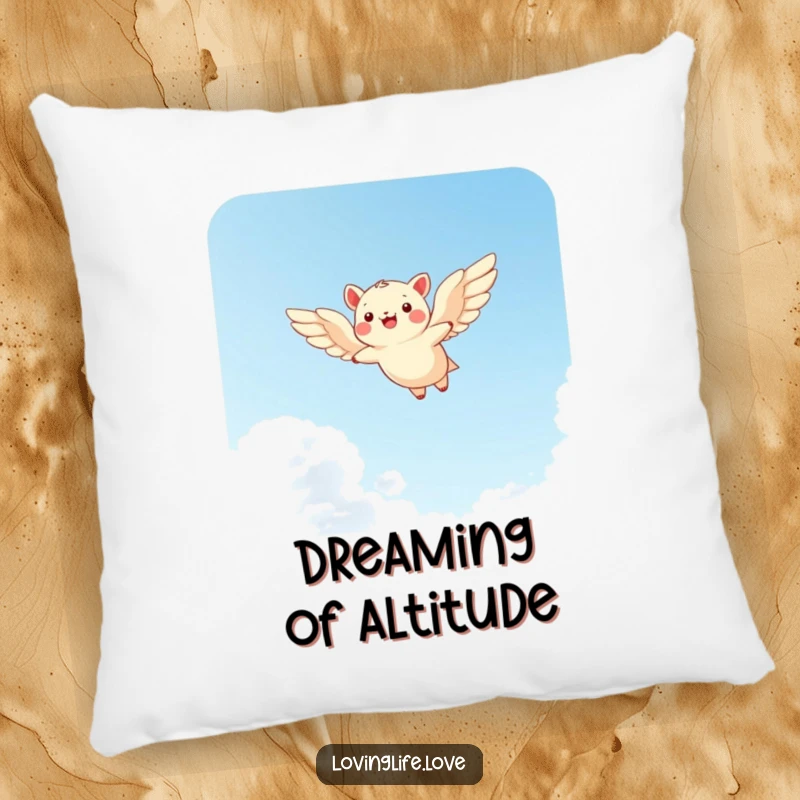 Funny pillow featuring a cheerful small animal soaring through a bright sky with wide wings, offering comfort and charm.