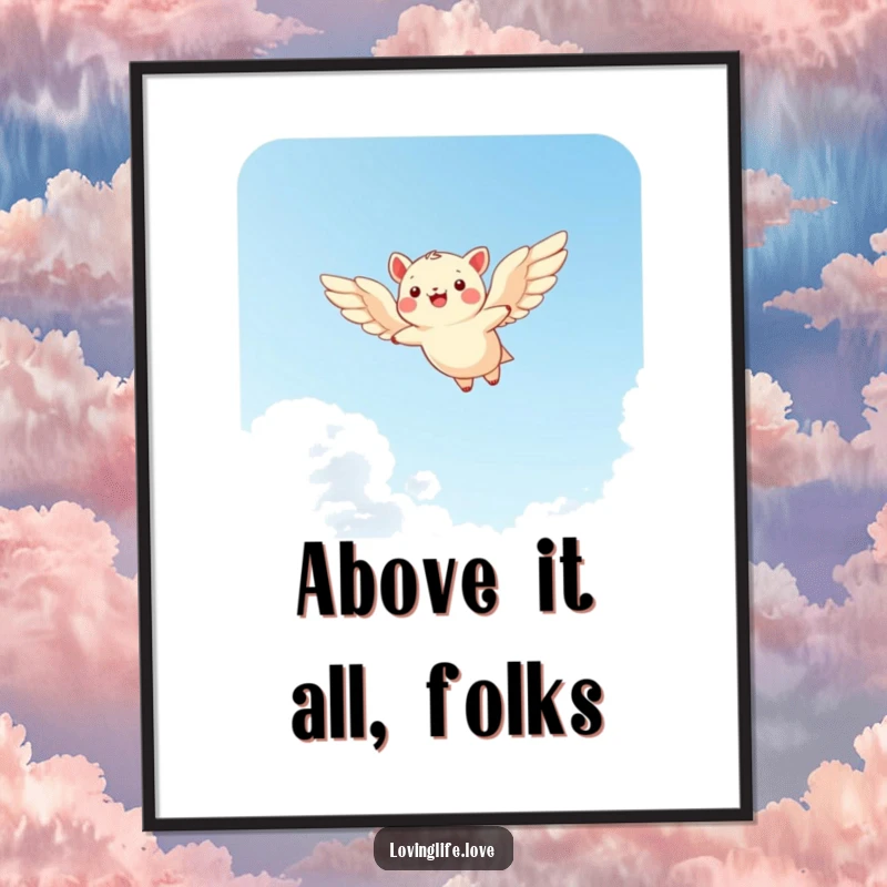 Funny digital art print of a cheerful small animal soaring through a bright sky with wide wings, symbolizing freedom and joy.