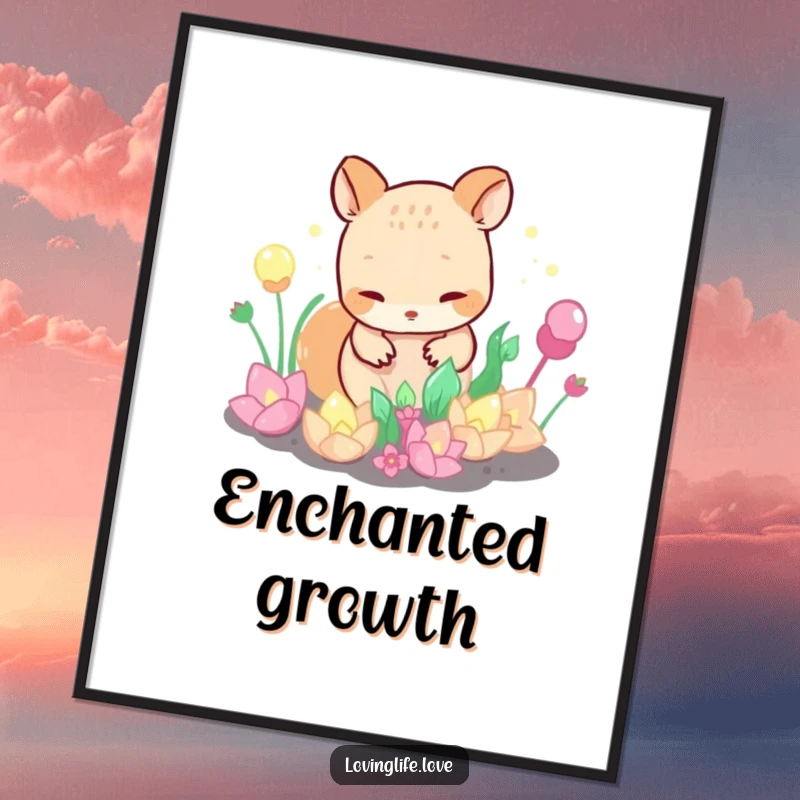 Funny Digital Art Print showing a curious small animal tending a garden of bubbling, iridescent plants, conveying immediate whimsical wonder.