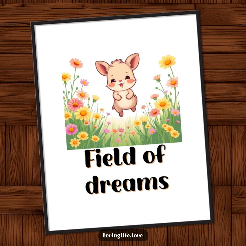 Funny Digital Art Print showing a happy small animal joyfully bounding through a field of vibrant wildflowers, radiating immediate happiness and energy.