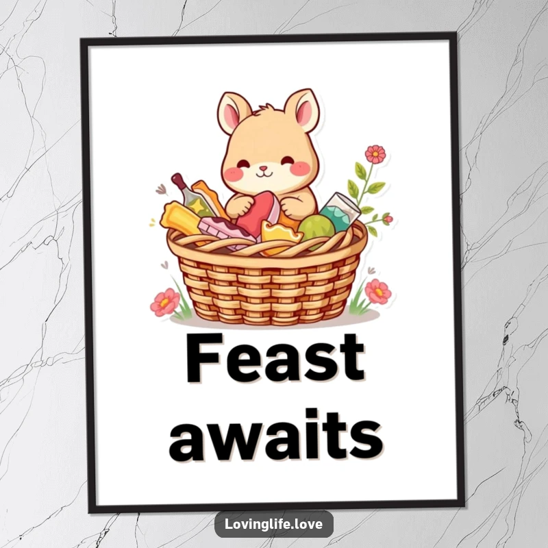 Funny Digital Art Print showing a content small animal sharing a picnic basket filled with colorful treats, conveying immediate heartwarming humor.