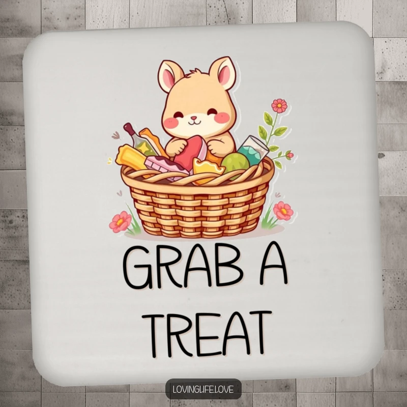 Funny Coasters with a content small animal sharing a picnic basket filled with colorful treats, offering humorous protection with a charming theme.