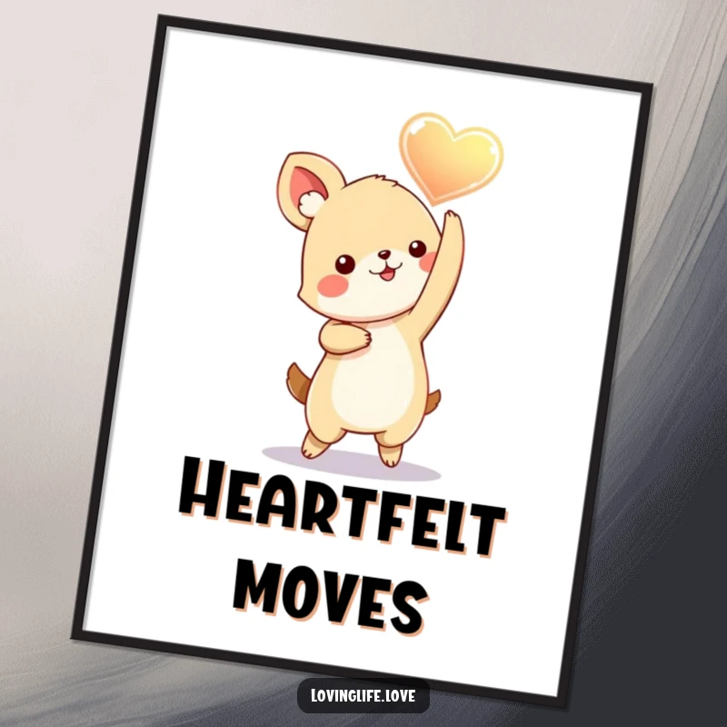 Funny Poster of a playful small animal dancing with a glowing heart held aloft, radiating love, energy, and joyful motion.