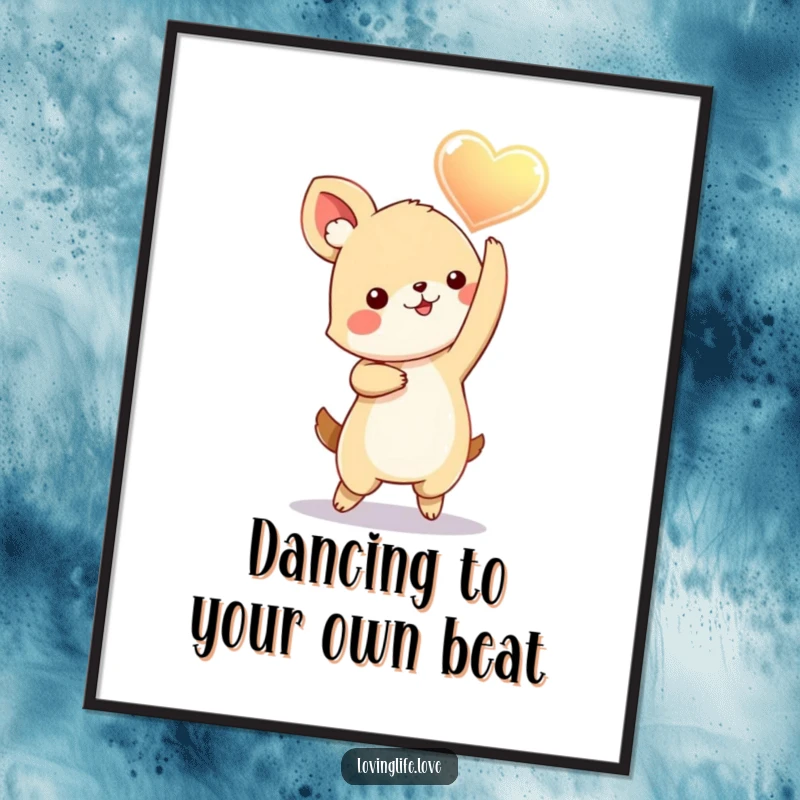 Funny Free Printable Wall Art: A small, cheerful animal dances energetically, holding a luminous glowing heart aloft, symbolizing love and joy.