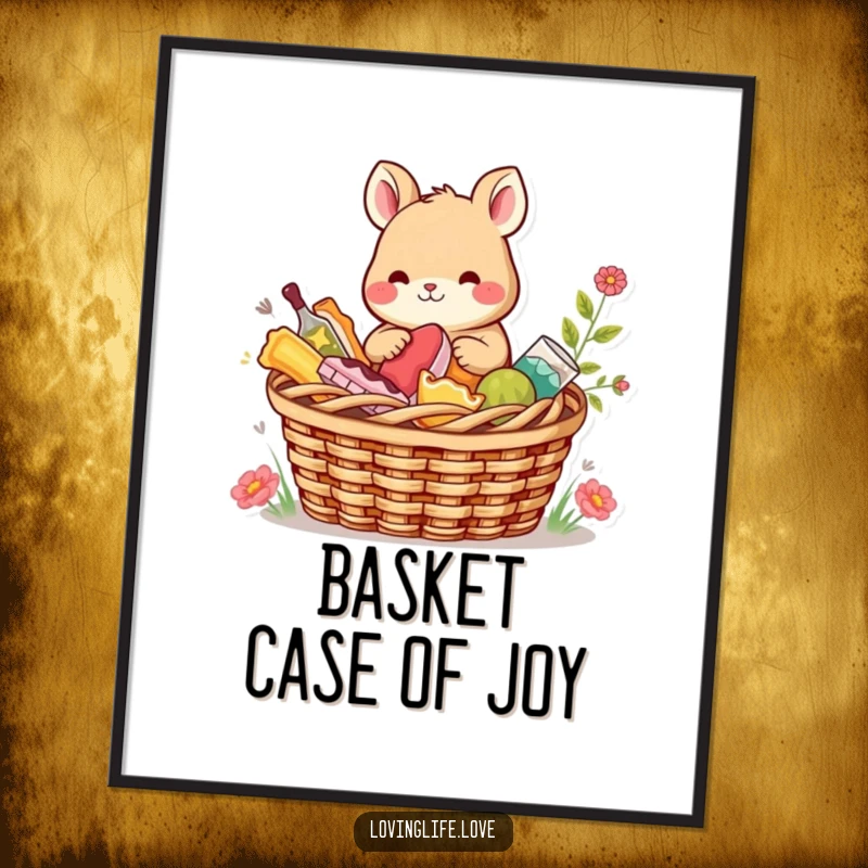 Funny Free Printable Wall Art: A content small animal sits beside a picnic basket filled with vibrant, delicious treats, evoking cozy vibes.