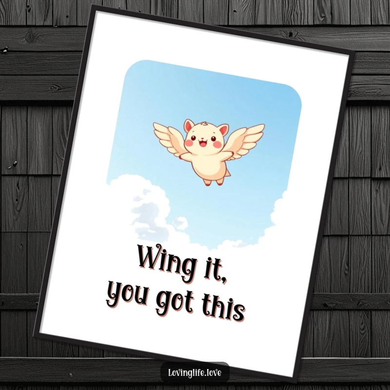 Funny Free Printable Wall Art: A cheerful small animal with wings wide open, joyfully soaring through a clear blue sky.