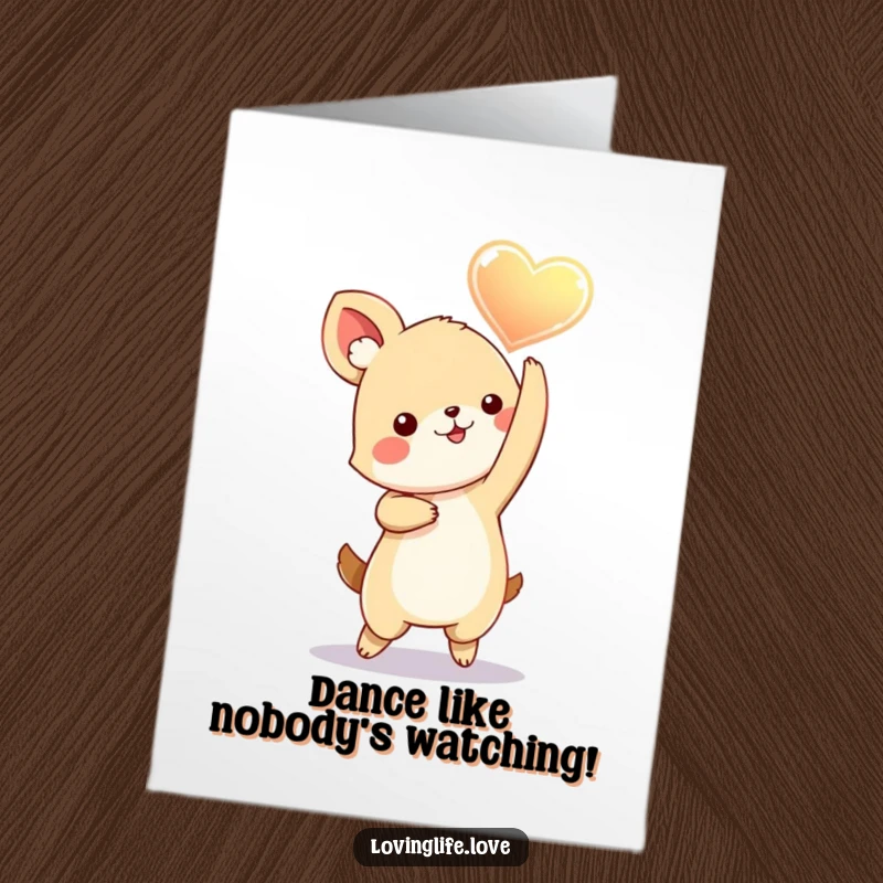 Funny Free Printable Birthday Card: A playful small animal joyfully dances, holding a radiant, glowing heart high in celebration.