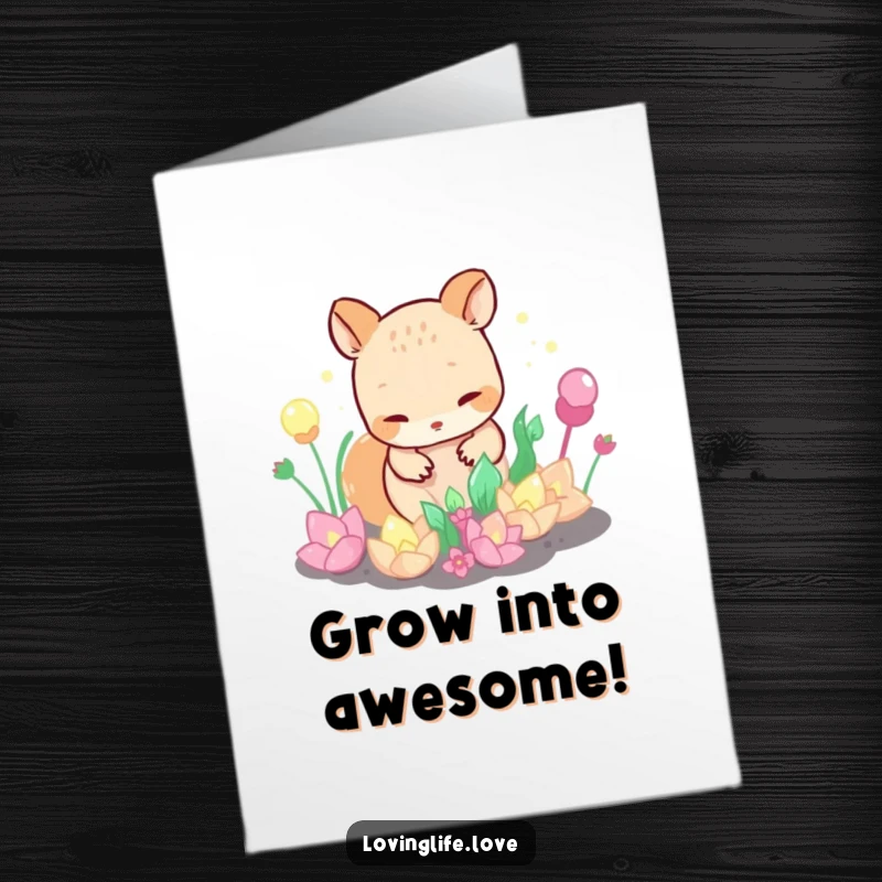 Funny Free Printable Birthday Card: A curious small animal gently tends to a garden of magical, bubbling iridescent plants, celebrating a birthday.