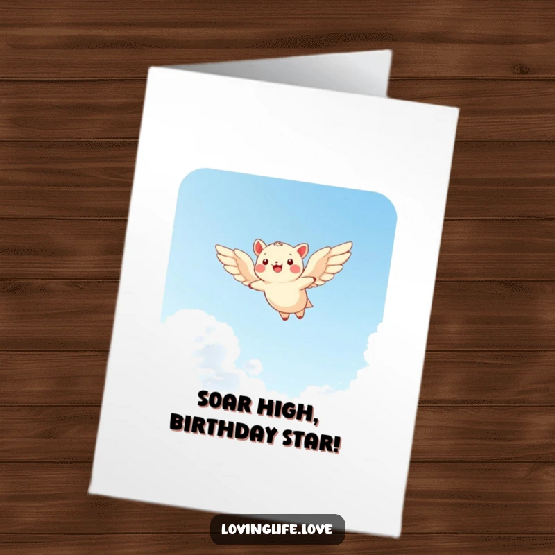 Funny Free Printable Birthday Card: Cheerful animal with wide wings soaring through a bright sky, spreading joy.