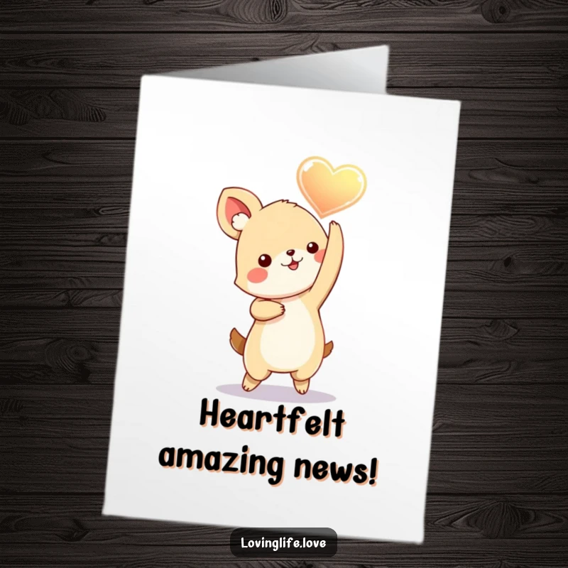 Funny Free Printable Congratulations Card: A playful small animal dances ecstatically with a bright, glowing heart held aloft, symbolizing great news.