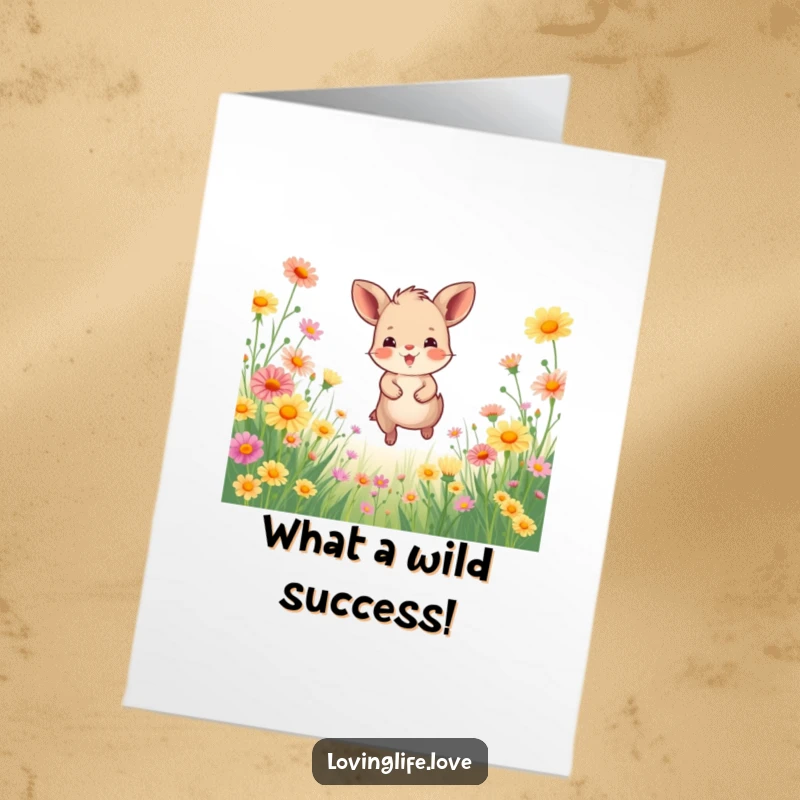 Funny Free Printable Congratulations Card: A small, ecstatic animal bounds exuberantly through vivid wildflowers, celebrating a grand success.