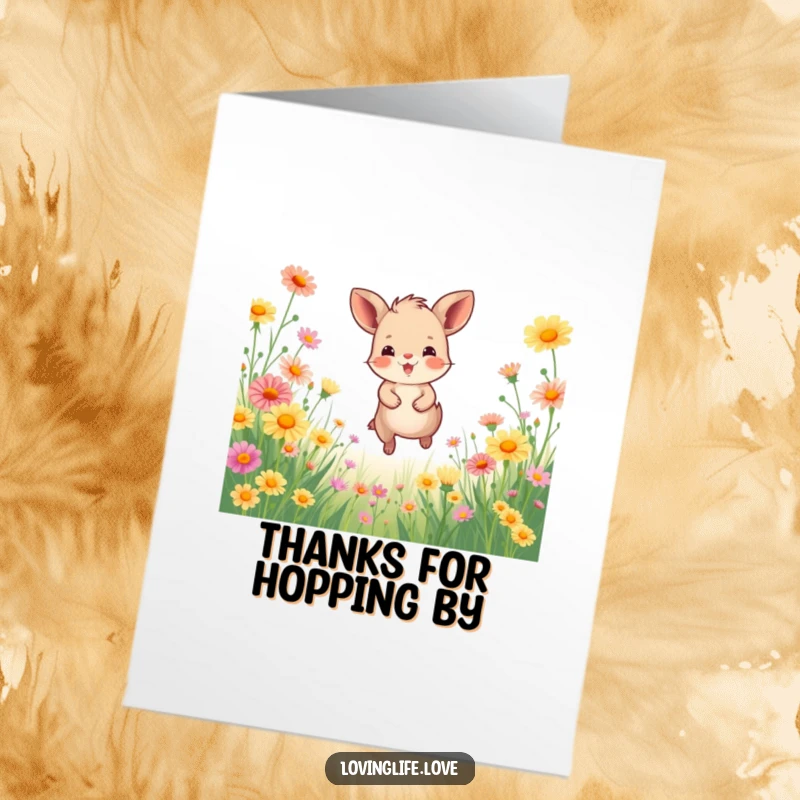 Funny Free Printable Thank You Card: A small animal bounds happily through a meadow of vibrant wildflowers, conveying warm appreciation.