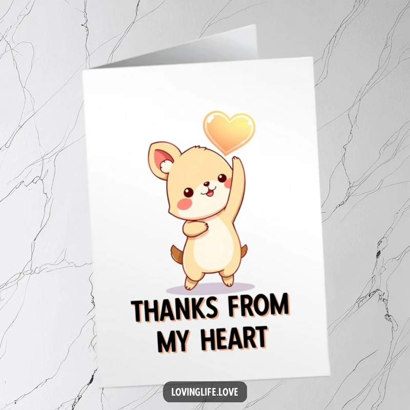 Funny Free Printable Thank You Card: A playful small animal dances with a glowing heart held high, conveying deep thanks and affection.