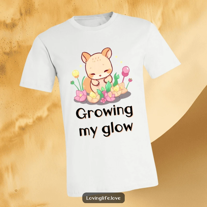 Funny T-Shirt featuring a curious small animal tending a garden of bubbling, iridescent plants, showcasing a love for the whimsical and strange.
