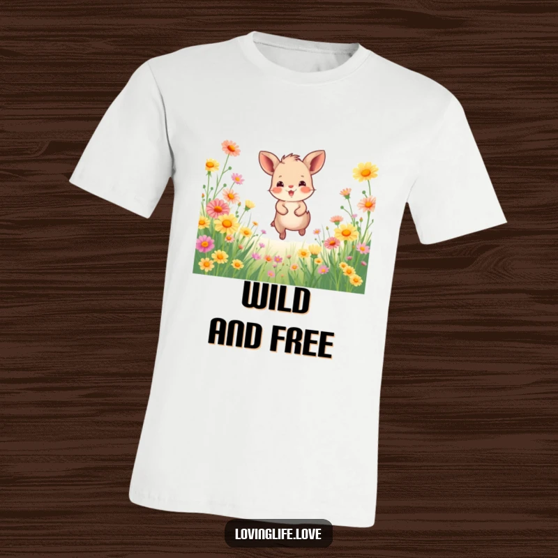 Funny T-Shirt featuring a happy small animal joyfully bounding through a field of vibrant wildflowers, showcasing freedom and happiness.