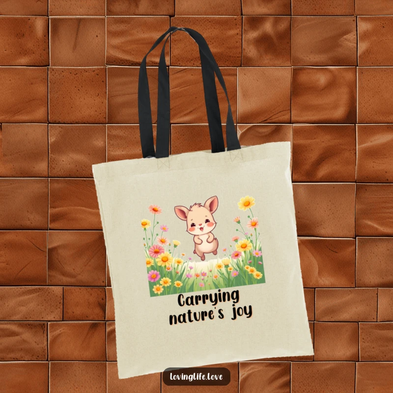Funny Tote Bag showing a happy small animal joyfully bounding through a field of vibrant wildflowers, perfect for carrying essentials with cheer.