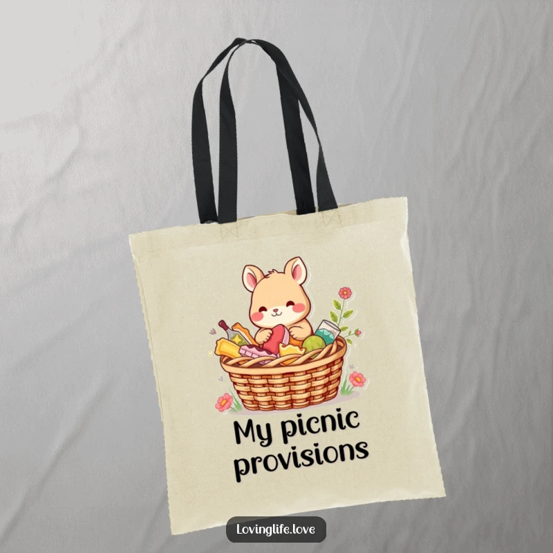 Funny Tote Bag showing a content small animal sharing a picnic basket filled with colorful treats, perfect for carrying goodies with humor.